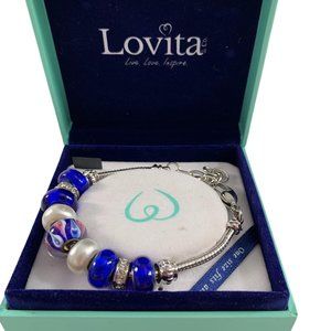 Lovita Slide Beaded Bracelet Crystals Blue Faux Pearl Silver Tone Adjustable